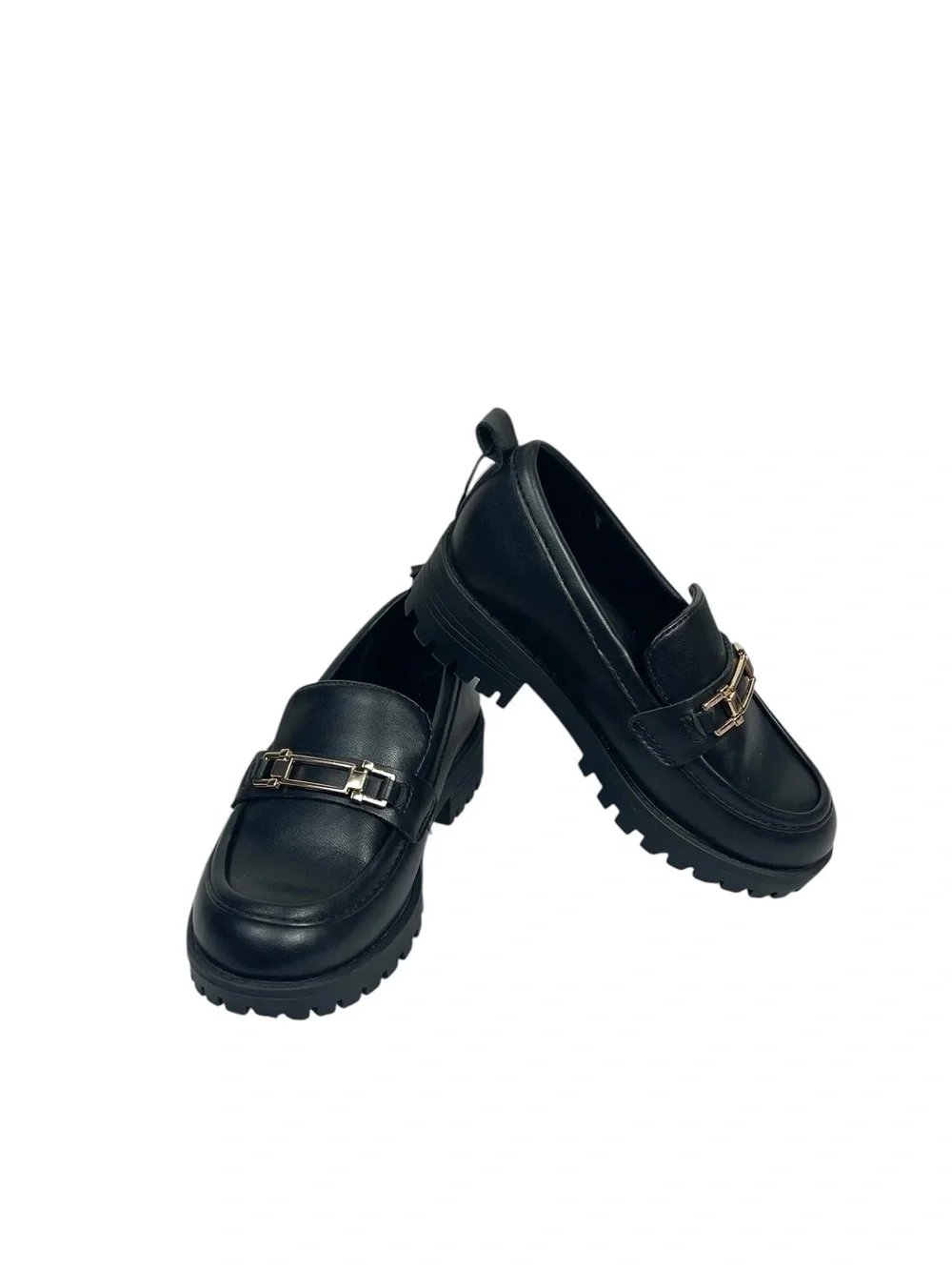 GAP Black Leather Lug Sole Loafers with Gold Accent Size 8